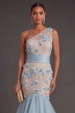 Blush Mermaid Floral One Shoulder Appliqued Ruffled Long Formal Dress
