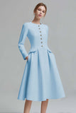 Tweed Ivory Long Sleeves A Line Midi Date Night Dress with Pockets