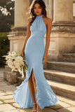 Dusty Rose Chiffon Sheath Ruched Halter Maxi Bridesmaid Dress with Slit