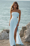 White Chiffon Sheath Ruched Strapless Maxi Rehearsal Dinner Dress with Slit