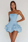 Sky Blue Satin A Line Tiered Strapless Mini Graduation Dress with Ruffles