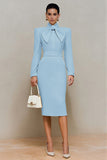 Ivory High Neck Pencil Long Sleeves Midi Work Dress with Bow