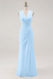 White Sheath V-Neck Ruched Maxi Chiffon Rehearsal Dinner Dress