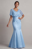 Sparkly Beaded Champagne Mermaid Ruched Satin Long Mother of the Bride Dress