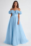 Dusty Sage A Line Tulle Long Wedding Guest Dress with Ruffles