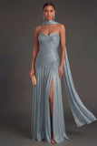 Dusty Sage Sheath Ruched Sweetheart Maxi Wedding Guest Dress with Slit