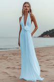 White Chiffon A Line V-Neck Long Rehearsal Dinner Dress
