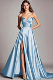 A Line Dusty Blue Strapless Sweetheart Maxi Prom Dress with Slit