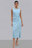 Orange Midi Bateau Neck Sleeveless Ruched Pencil Work Dress with Slit