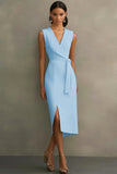 Dusty Rose V-Neck Sheath Tea Length Semi Formal Dress with Sash