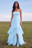 White Strapless A Line Swep Train Tiered Western Wedding Dress with Ruffles