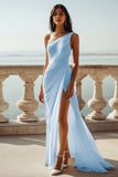 Champagne Chiffon Ruched One Shoulder Beach Maxi Engagement Dress with Slit