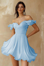 Sky Blue Chiffon Pleated A Line Off the Shoulder Mini Graduation Dress with Ruffles