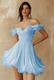 Sky Blue Chiffon Pleated A Line Off the Shoulder Mini Graduation Dress with Ruffles