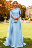 Dark Green Long One Shoulder Chiffon Wedding Guest Dress with Cape