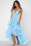 Red V-Neck A Line Long Chiffon Formal Dress with Ruffles