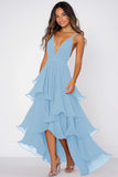 Dusty Rose A Line V-Neck Long Chiffon Formal Dress with Ruffles