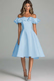 Dusty Rose Satin A Line Off the Shoulder Midi Graduation Dress with Ruffles
