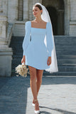 A Line Ivory Satin Short Wedding Dress with Sleeves