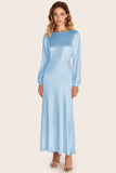 Simple Sky Blue Scoop Neck Sheath Satin Long Formal Dress