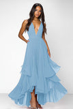 A Line Dusty Rose V-Neck Chiffon Ruffled Long Formal Dress
