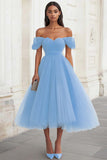 Yellow Tulle Off the Shoulder A Line Midi Formal Dress