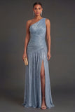 One Shoulder Gold Sheath Ruched Long Formal Dress with Slit