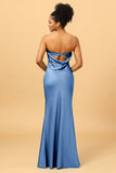 Dark Navy Satin Mermaid Strapless Bridesmaid Dress