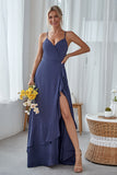 Slate Blue A Line Ruffles Long Bridesmaid Dress With Split