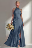 Butter Yellow Ruffled Halter Neck A Line Long Bridesmaid Dress with Slit
