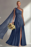 Burgundy One Shoulder Backless Ruched Long Bridesmaid Dress with Slit
