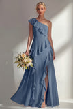 Light Pink One Shoulder Ruffled Long Bridesmaid Dress with Slit