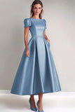 Peacock Satin A-Line Short Sleeves Mother of the Bride Dress