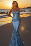 Sparkly Plum Spaghetti Straps Sequined Mermaid Formal Dress