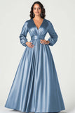 A-Line Peacock Satin Mother of the Bride Dress with Long Sleeves
