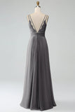 A-Line Pleated Spaghetti Straps Chiffon Bridesmaid Dress With Slit