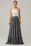 Silver A-Line Halter Pleated Keyhole Chiffon Bridesmaid Dress With Lace