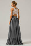 Silver A-Line Halter Pleated Keyhole Chiffon Bridesmaid Dress With Lace