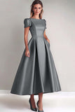 Peacock Satin A-Line Short Sleeves Mother of the Bride Dress