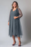 Dark Navy V-neck Chiffon Mother of the Bride Dress with Maxi Jacket