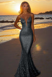 Sparkly Plum Spaghetti Straps Sequined Mermaid Formal Dress