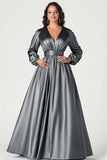 A-Line Peacock Satin Mother of the Bride Dress with Long Sleeves