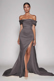 Elegant Dusty Blue Sheath Satin Off the Shoulder Maxi Prom Dress with Slit