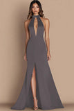 Royal Blue Simple Halter Satin Keyhole Mermaid Long Formal Dress with Slit