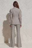 White V Neck Ruched Ruffled 2 Piece Work Suits with Pockets