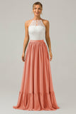Silver A-Line Halter Pleated Keyhole Chiffon Bridesmaid Dress With Lace