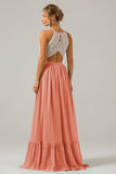 Silver A-Line Halter Pleated Keyhole Chiffon Bridesmaid Dress With Lace