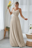 Mint Green A Line V Neck Long Pleated Bridesmaid Dress
