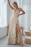 Slate Blue A Line Ruffles Long Bridesmaid Dress With Split