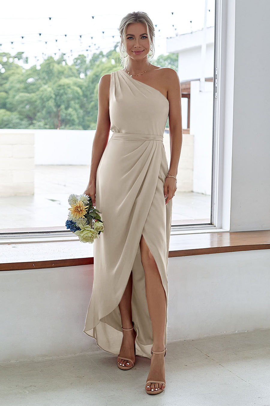 taupe bridesmaid dresses uk AW.Bridal A-line Square Neckline Floor Length Puff Sleeves Short Sleeves Satin Plus Size Dresses Dress Taupe Plus Size 16
